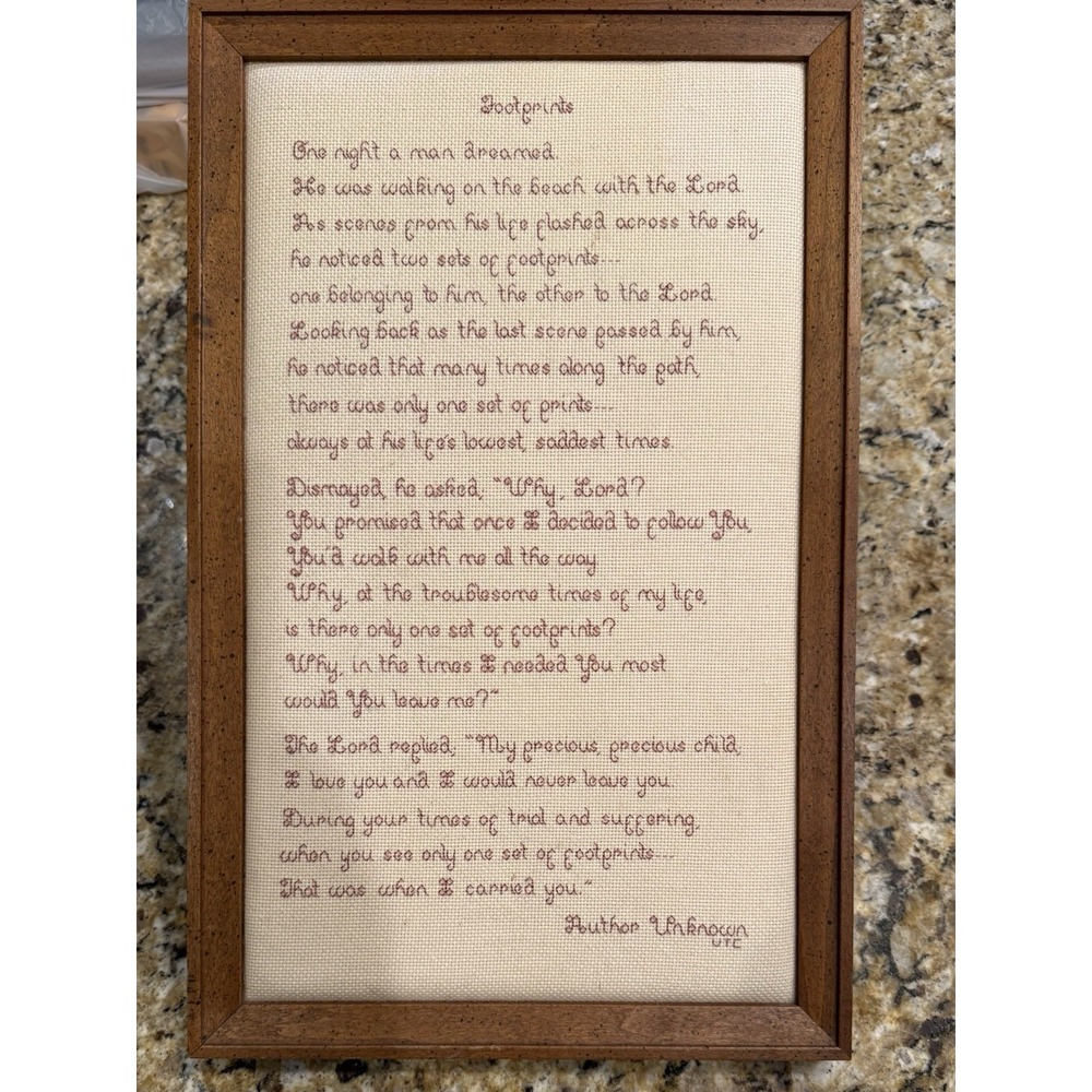 Handmade Cross Stitch Footprints In The Sand Framed Antique Vintage